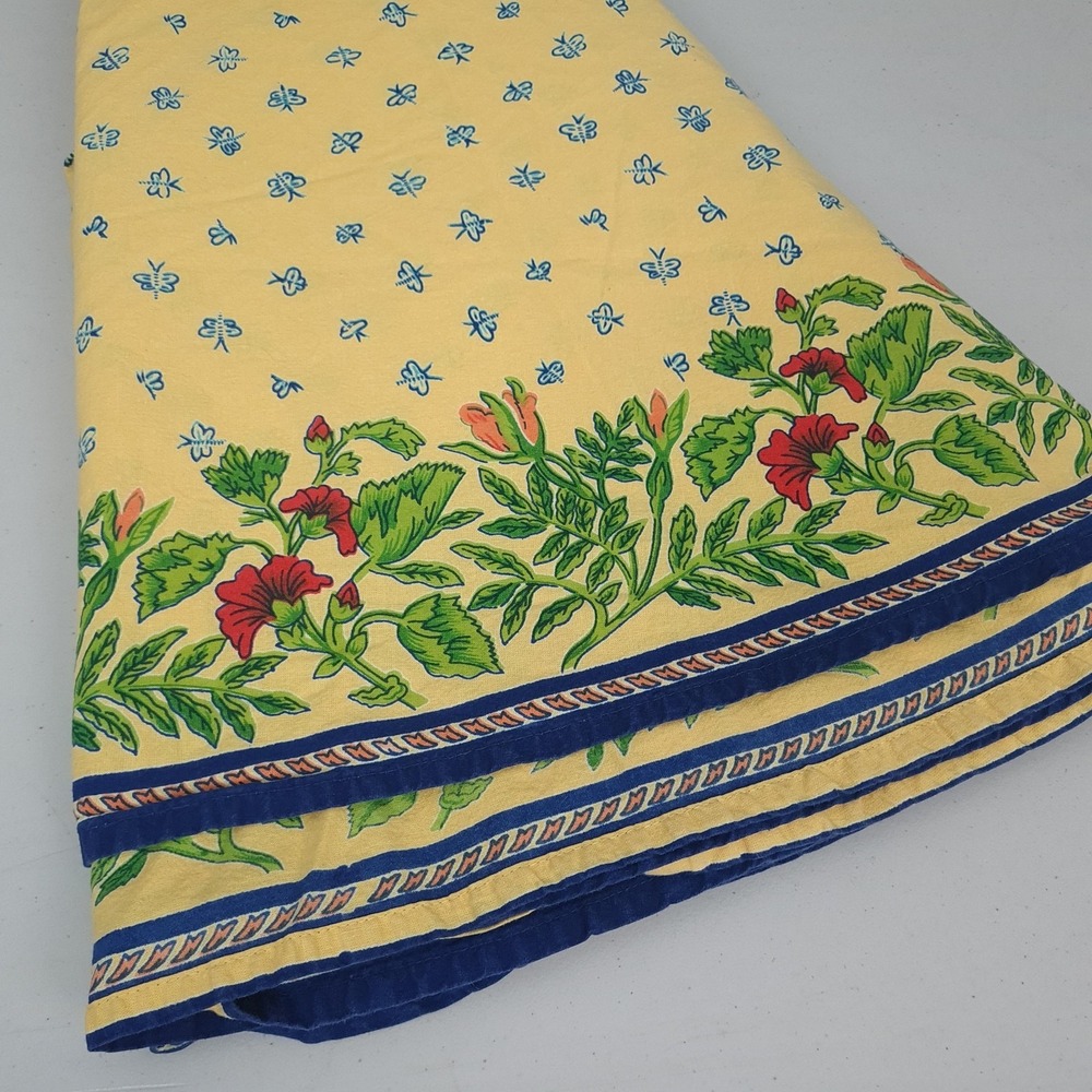 Williams-Sonoma Round Yellow Tablecloth Bees Floral Border Cotton French Country